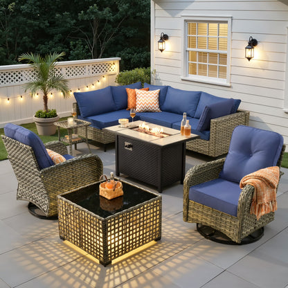 Outdoor Patio Furniture Set 9 Pieces Rattan Wicker Sectional with 42" Gas Fire Pit, Swivel Chairs, Solar Table, Navy Blue