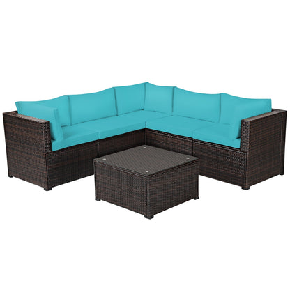 6-Piece PE Rattan Patio Sofa Set – 3 Corner Sofas + 2 Armless Sofas + Tempered Glass Table | Modular | Zippered Cushions | 5 Colors