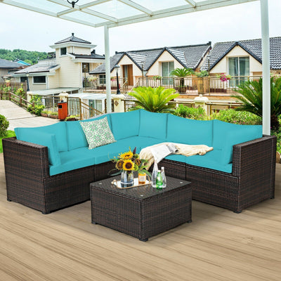 6-Piece PE Rattan Patio Sofa Set – 3 Corner Sofas + 2 Armless Sofas + Tempered Glass Table | Modular | Zippered Cushions | 5 Colors