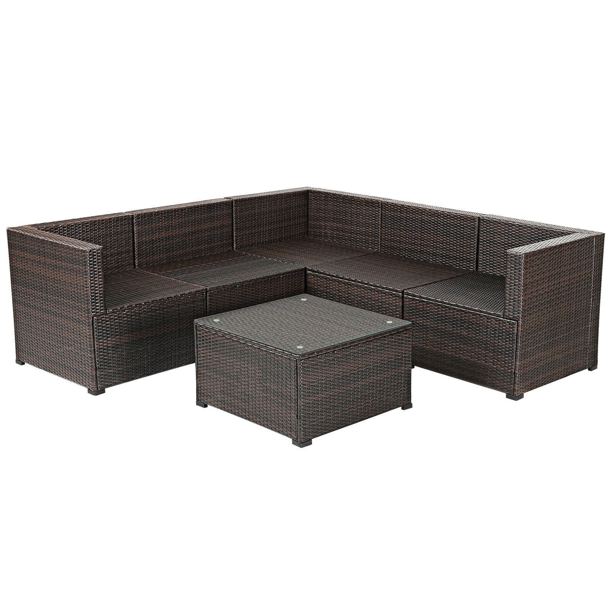 6-Piece PE Rattan Patio Sofa Set – 3 Corner Sofas + 2 Armless Sofas + Tempered Glass Table | Modular | Zippered Cushions | 5 Colors