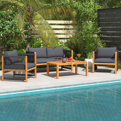 4-Piece Acacia Wood Patio Furniture Set with Cushions & Rope Armrests