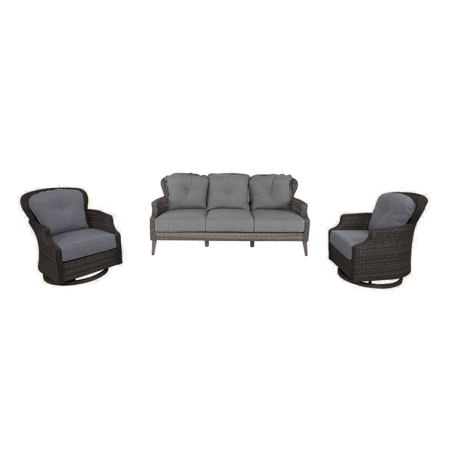 Tenaya 3-Piece Grey Wicker Patio Sofa Set with Swivel Rocking Chairs