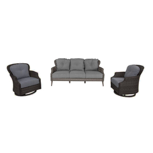 Tenaya 3-Piece Grey Wicker Patio Sofa Set with Swivel Rocking Chairs